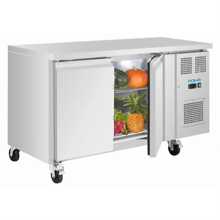 Double-Door Refrigerated Workbench with Swivel Casters | 260L | Stainless Steel | 86(h)x136(w)x60(d)cm | A
