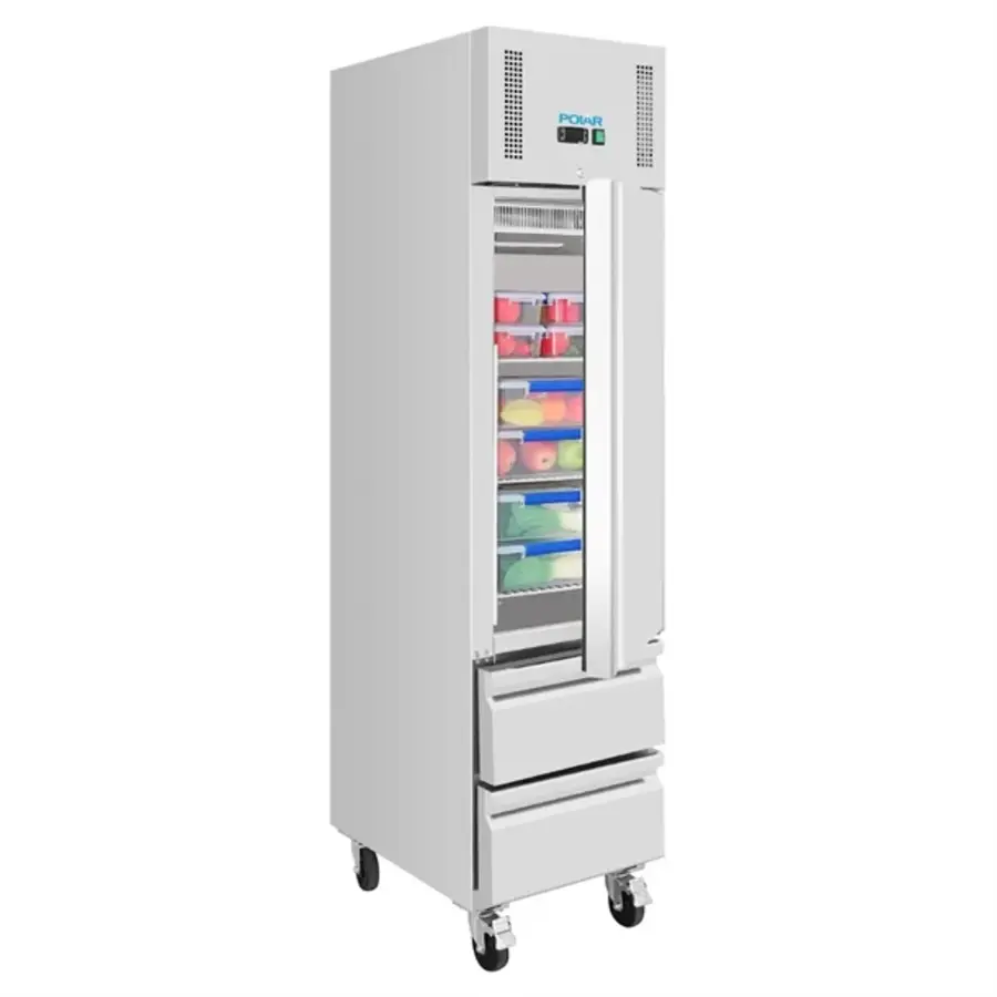 Kühlschrank | 1 Tür | 2 Schubladen | 292 l | Edelstahl | +2 °C bis +8 °C | 210 (H) x 48,4 (B) x 74,5 (T) cm