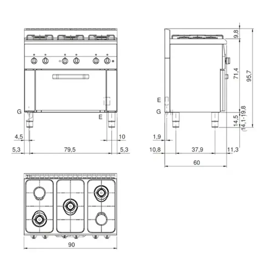 Stove + Convection Oven | Gas/Electric | 5 Burners | Electric | 90x60x85(h)cm