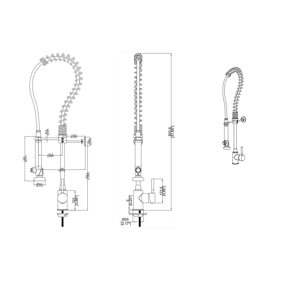 Douche de prérinçage sur pied en acier inoxydable brossé - 803 mm - Comprend un mitigeur et des flexibles