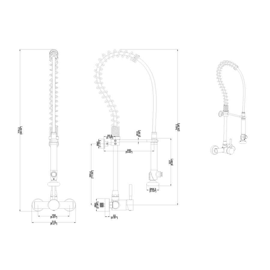 Stainless Steel Pre-Rinse Shower Wall Connection - Brushed - 775.2mm - Includes Mixer Tap & S-Connections