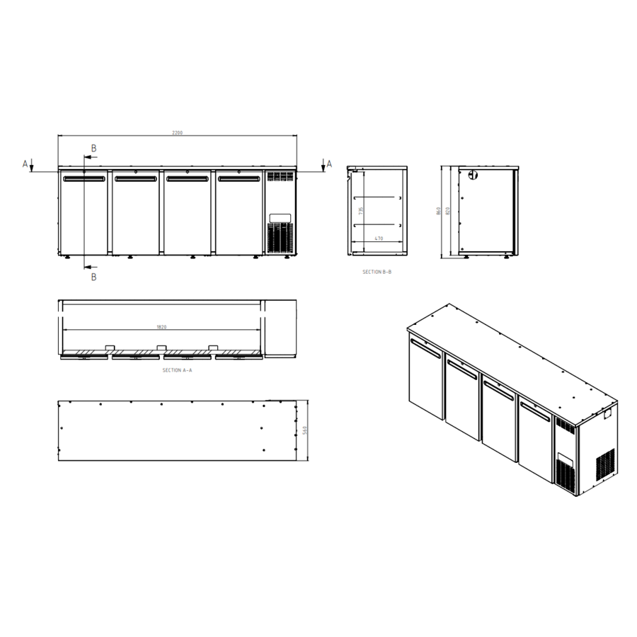 Barkoeler 4 deuren | antraciet | 2200x560x820 mm | +2 tot +10 °C