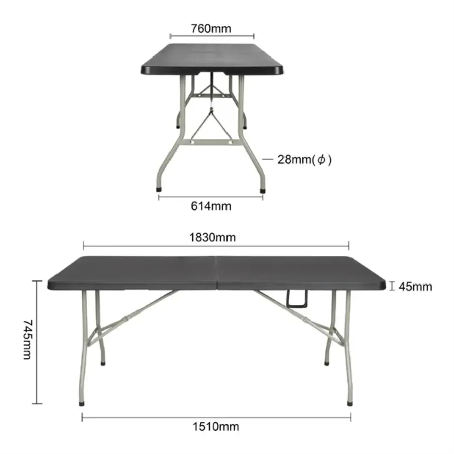 Table pliante rectangulaire 183 cm noire – Structure en acier et plateau en PEHD