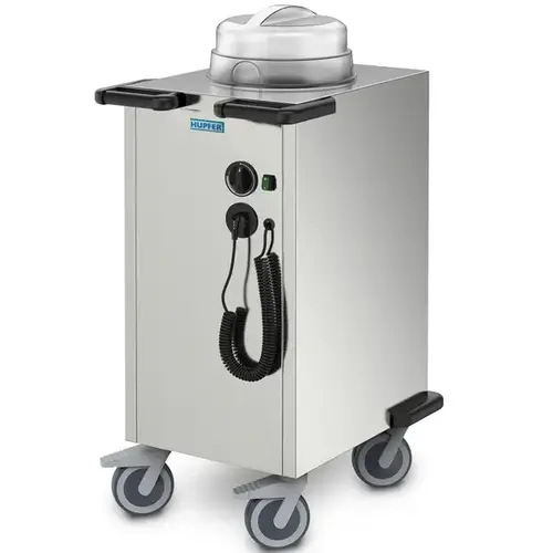  Hupfer Edelstahl-Plattenspender ≤80°C, Umluft, 83 Platten Ø190–260 mm, 0,9 kW (230 V), Räder (gebremst), 610 x 460 x 1072 (H) mm 