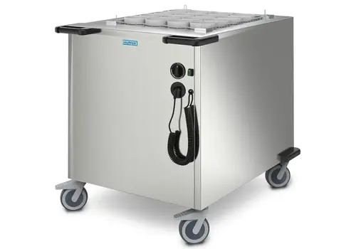  Hupfer Geschirrspender aus Edelstahl, ≤80 °C, Umluftkörbe, max. 508 x 508 mm, 2 kW (230 V), Rollen (gebremst), 850 x 760 x 1082 (H) mm 