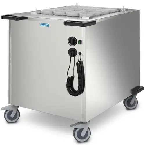  Hupfer Geschirrspender aus Edelstahl, ≤80 °C, Umluftkörbe, max. 508 x 508 mm, 2 kW (230 V), Rollen (gebremst), 850 x 760 x 1082 (H) mm 