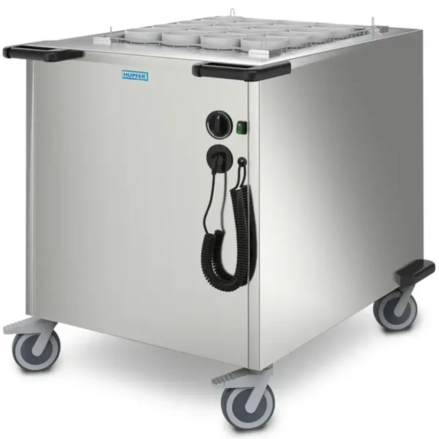 Geschirrspender aus Edelstahl, ≤80 °C, Umluftkörbe, max. 508 x 508 mm, 2 kW (230 V), Rollen (gebremst), 850 x 760 x 1082 (H) mm