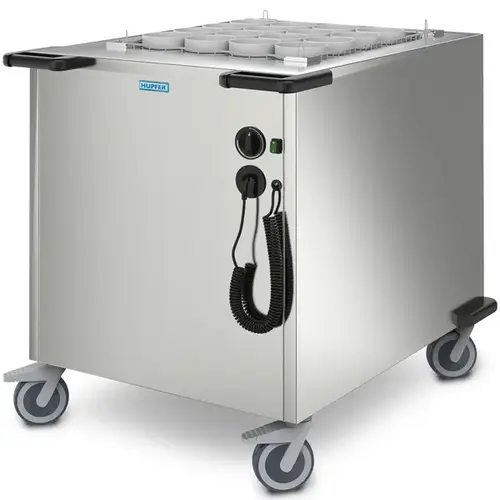  Hupfer Distributeur de vaisselle en acier inoxydable ≤ 80 °C, paniers à air pulsé, dimensions max. 650 x 530 mm, 2 kW (230 V), roues (avec freins), 992 x 760 x 1082 (h) mm 