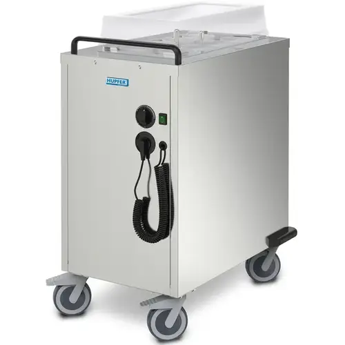  Hupfer Distributeur de vaisselle en acier inoxydable ≤100 °C, air pulsé, 615 pièces, Ø80-280 mm, 1,5 kW (230 V), roues (avec freins), 751 x 510 x 1023 (h) mm 