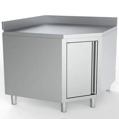  HorecaTraders ESSENTIAL Eckwerkbank aus Edelstahl mit Scharniertür und rückseitiger Aufkantung, 1000 x 600 x 850 (H) mm 