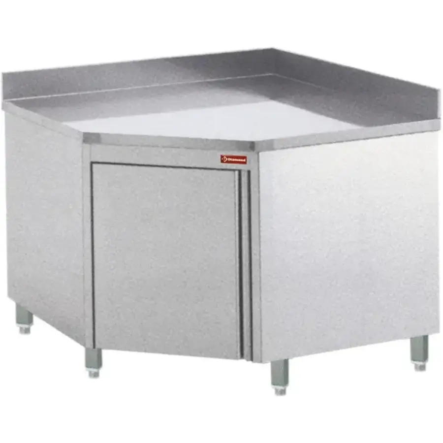 Eckwerkbank aus Edelstahl mit Schwingtür und rückseitiger Aufkantung, 1000 x 1000 x 880/1000 (H) mm