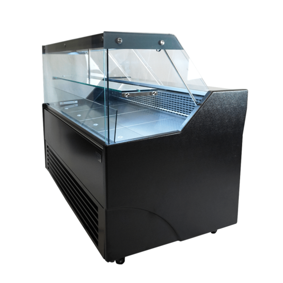 Kühlvitrine 1,5 m, schwarz, mit Edelstahl-Arbeitsplatte und LED-Beleuchtung – Kühlvitrine für die Gastronomie, 130 l, 0/+7 °C