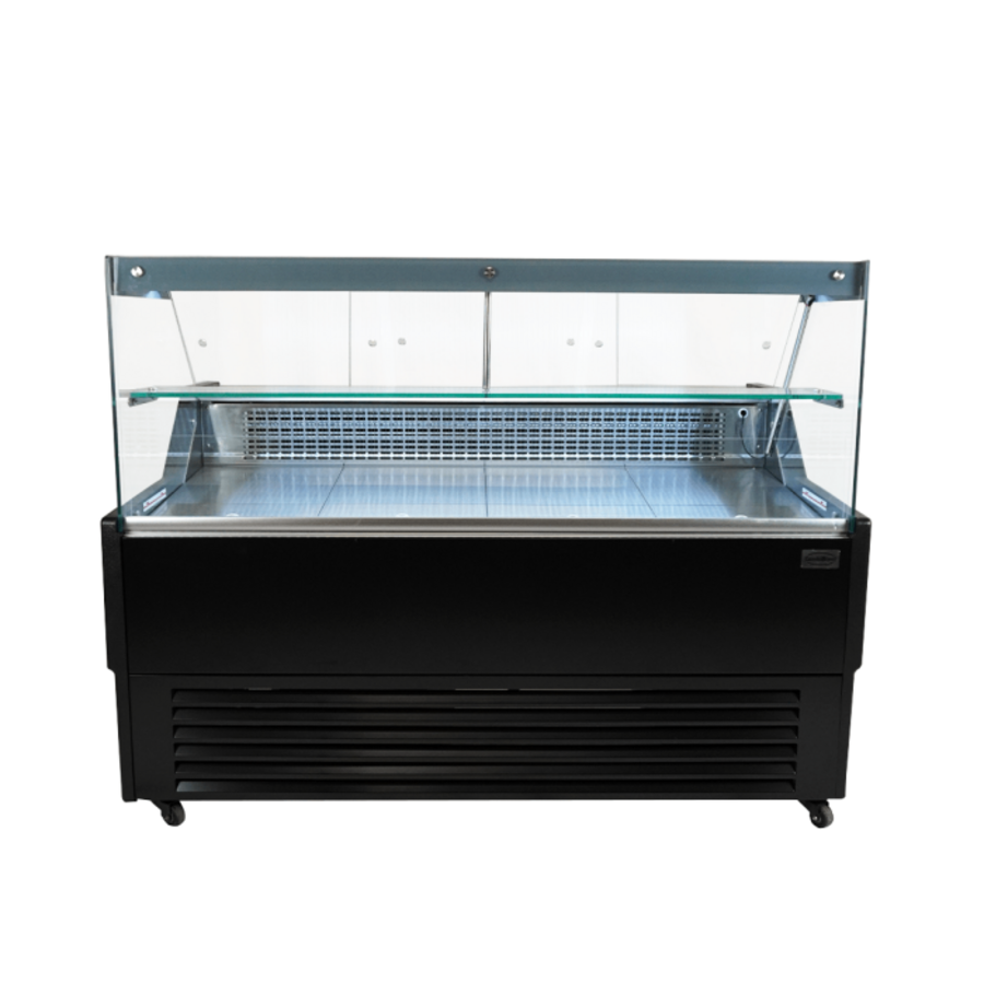 Koelvitrine 1.5m Zwart met RVS Werkblad en LED – Horeca Gekoelde Vitrine 130L 0/+7°C