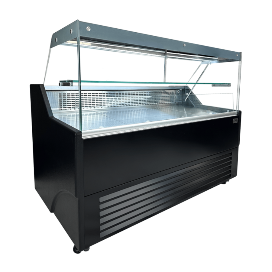 Koelvitrine 1.5m Zwart met RVS Werkblad en LED – Horeca Gekoelde Vitrine 130L 0/+7°C