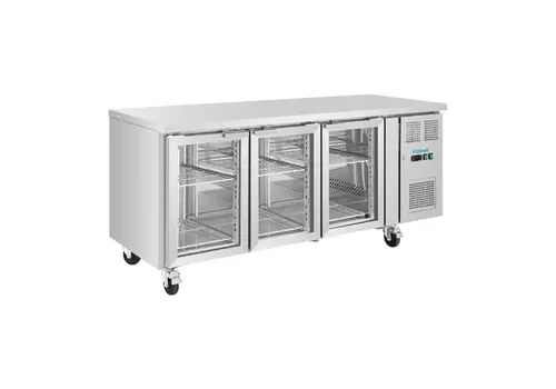  HorecaTraders Établis réfrigérés à trois portes vitrées | 465 L | Acier inoxydable | Commandes numériques | B 