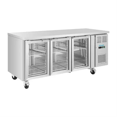  HorecaTraders Three-Door Refrigerated Workbench with Glass Doors | 465L | Stainless Steel | Digital Control | B 