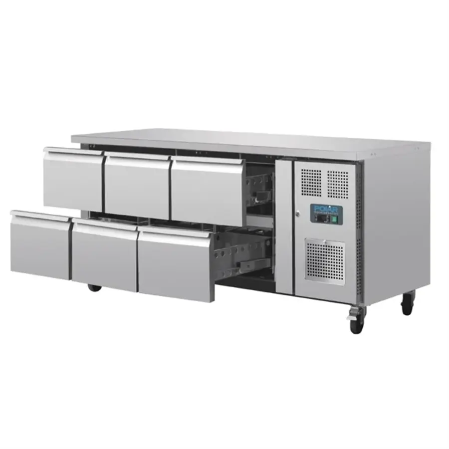 Polar U-series refrigerated GN workbench with 6 drawers – Professional stainless steel refrigerated workbench