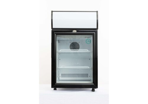  Exquisit Mini-Kühlvitrine mit Leuchtkasten – 50 Liter – Schwarz/Weiß – 78 cm hoch 