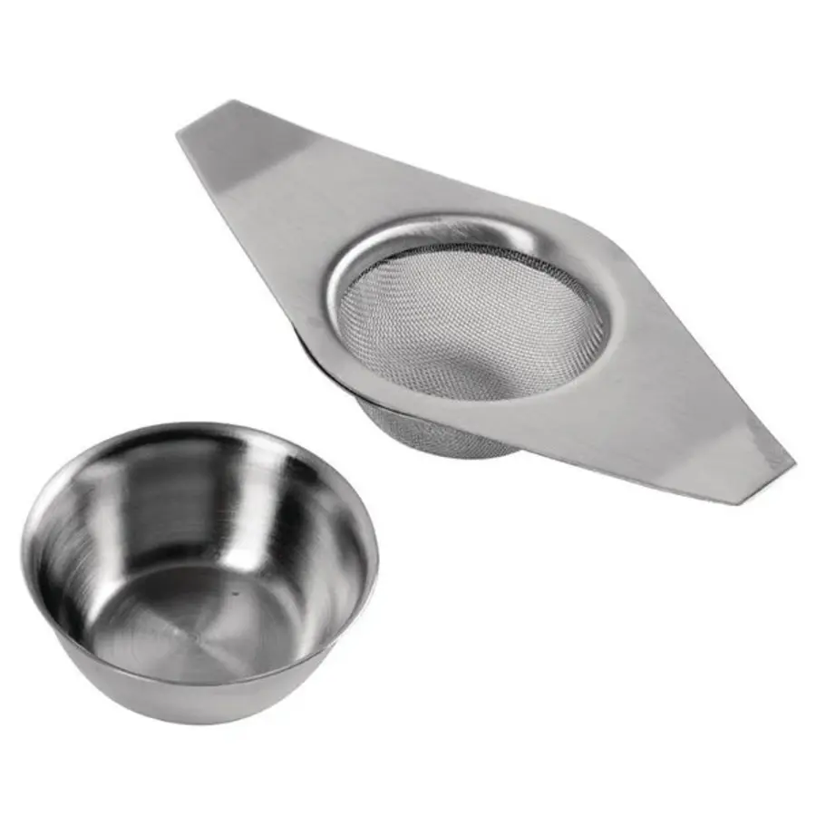 Stainless Steel Tea Strainer with Holder and Drip Tray for Loose Tea – Professional Tea Accessory for the Hospitality Industry Short description