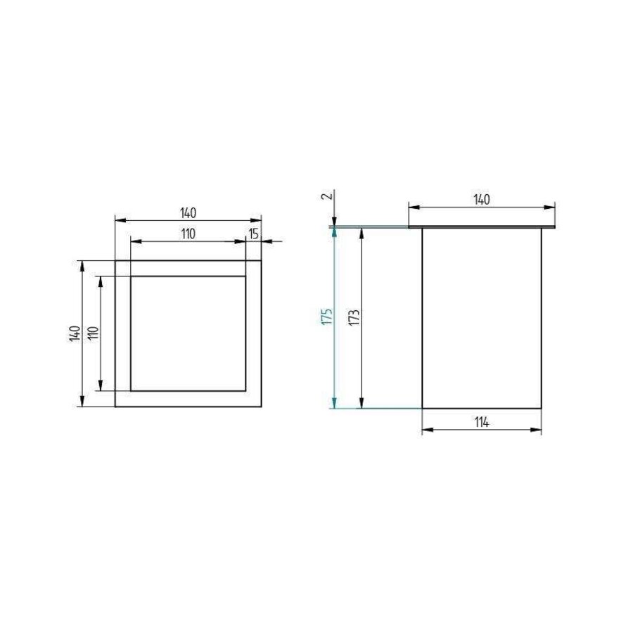 Vierkante RVS Afvalkoker - Met Flens 15mm - Inbouw Werkblad - 110x110x175mm
