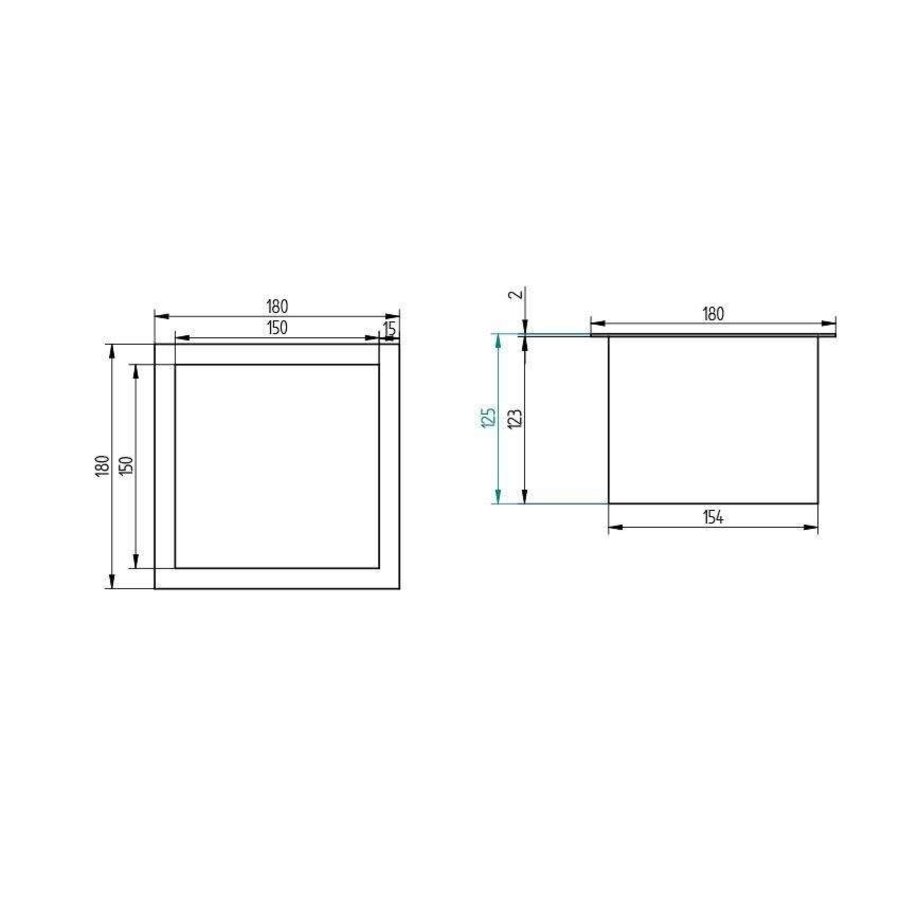 Goulotte d'évacuation carrée en acier inoxydable - Bride de 15 mm - Encastrable sous plan de travail - 150 x 150 x 125 mm