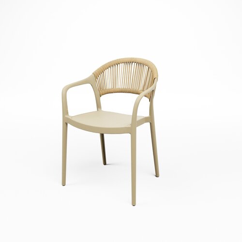  HorecaTraders Set of 4 Sand Stackable Hospitality Chairs for Indoor & Outdoor Use – Lightweight Patio Chairs with Woven Backrest 
