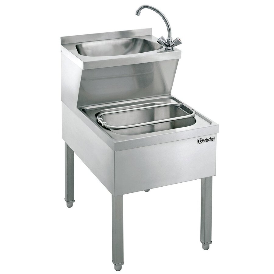 Edelstahl-Handwaschbecken mit Ablaufgarnitur, 510 x 700 x 850 mm, mit Mischbatterie
