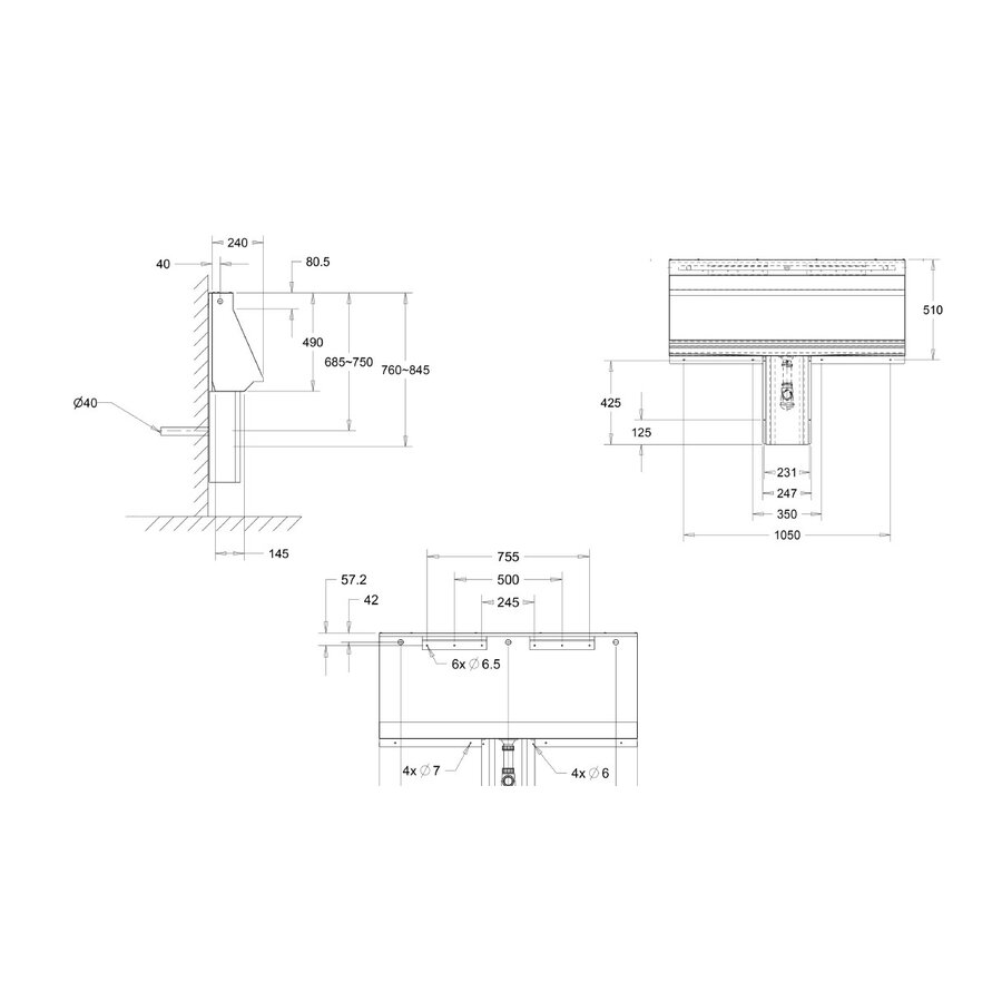 Horeca Urinoirgoot Geborsteld RVS met thermo-ﬂushsysteem  | 4 formaten