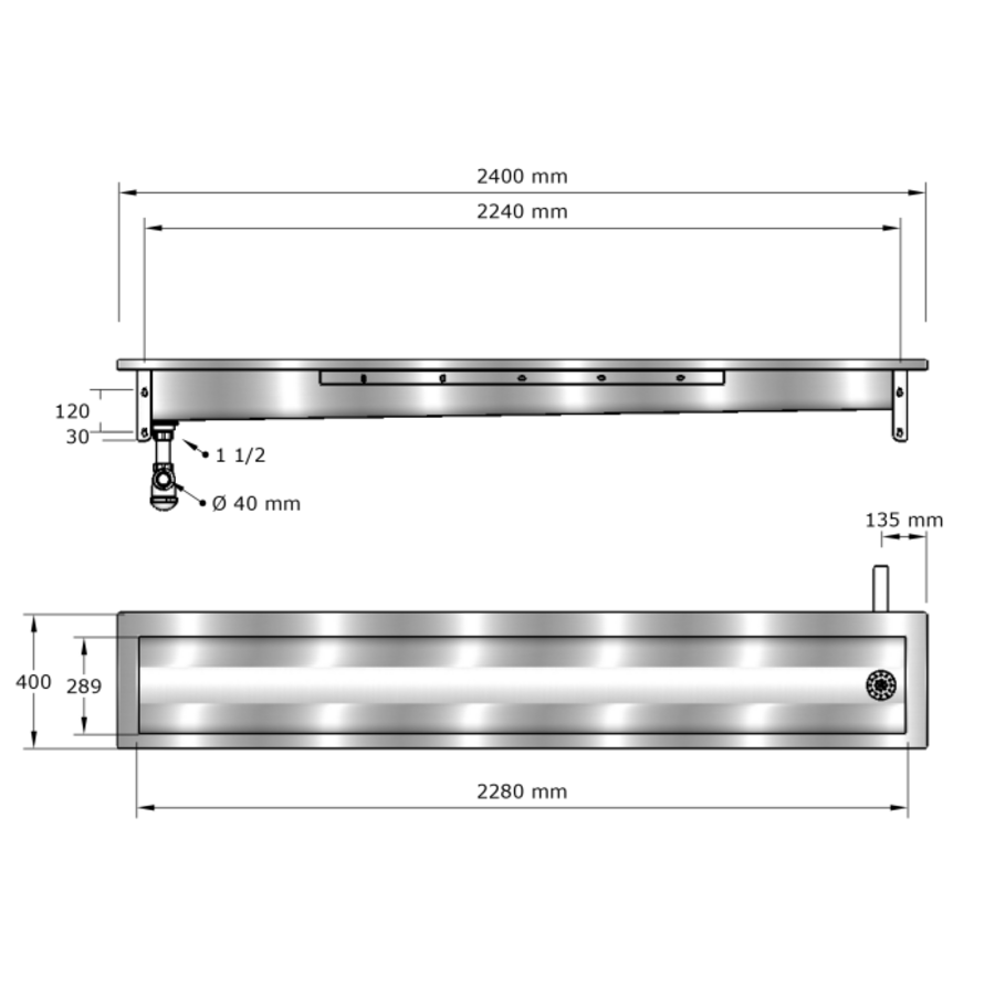 Washing trough Washbasin | Stainless steel | 240(w)x40(d)x24(h) cm