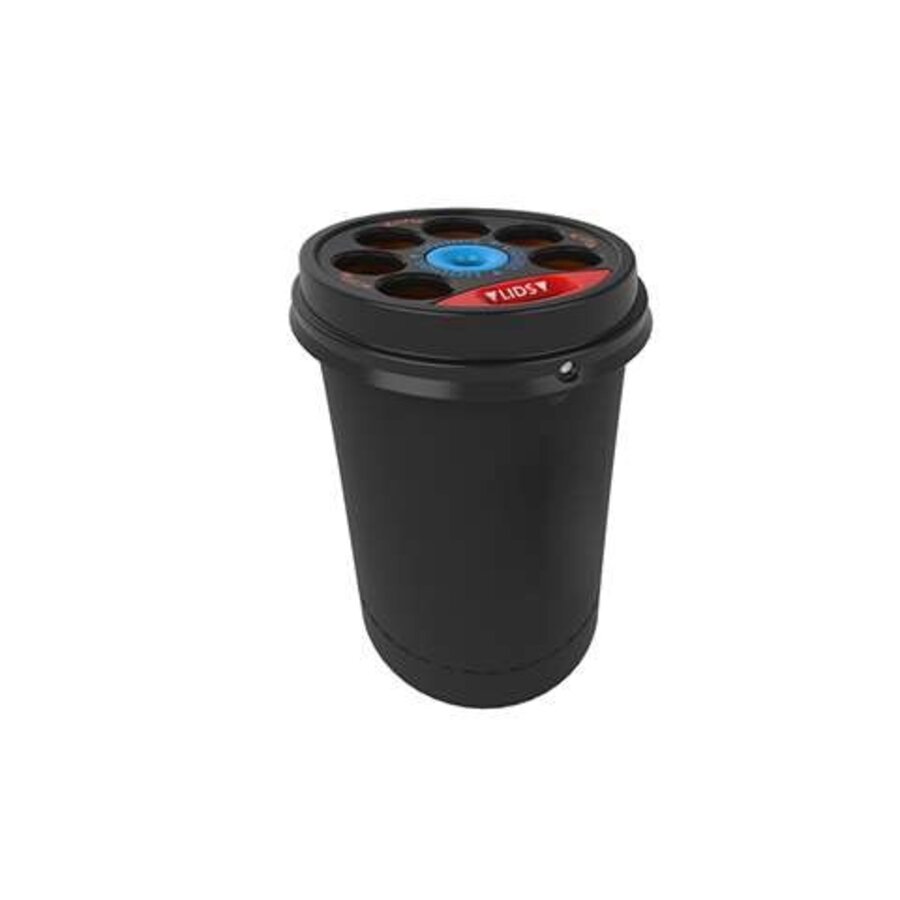 Cup waste bin with lock and liquid collection tray, 500 cups, black