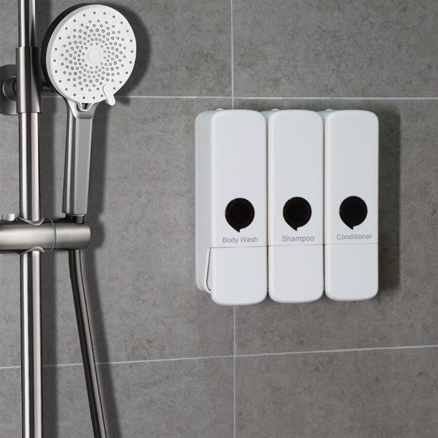 Distributeur de douche triple | Blanc | Fixation murale | 22,7 (h) x 21,3 (l) x 9,4 (p) cm