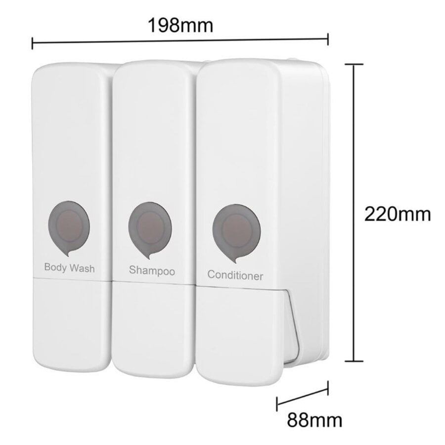 Drievoudige Douchedispenser | Wit | Wandmontage | 22,7(h) x 21,3(b) x 9,4(d)cm