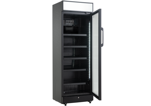  HorecaTraders Beverage Refrigerator 1 Glass Door Black 400L with Light Box & LED Lighting 