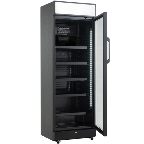  HorecaTraders Drankenkoelkast 1 Glasdeur Zwart 400L met Lichtbak & LED-Verlichting 
