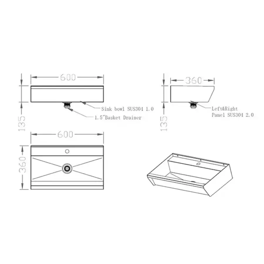 Wasbak RVS - 1 Kraan - 600x360x135 mm