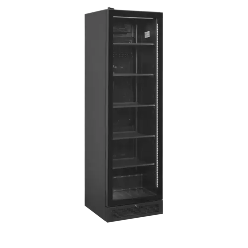  HorecaTraders Kühlvitrine 387 Liter, schwarz – rahmenlose Glastür – links angeschlagen 
