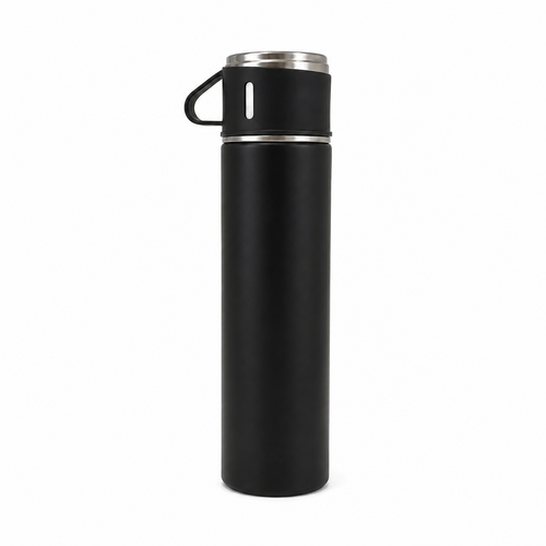  HorecaTraders Schwarze Thermosflasche 0,5 Liter – Ø 8,4 x 32 cm – mit Becher (5 Stück) 