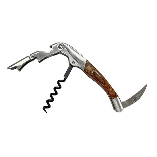  HorecaTraders Deluxe corkscrew with wooden handle, 2-step lever and foldable foil cutter – 120 x 30 x 16 mm 