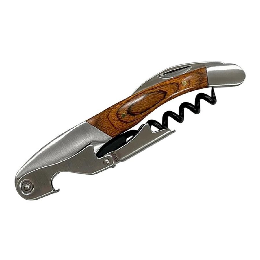 Deluxe corkscrew with wooden handle, 2-step lever and foldable foil cutter – 120 x 30 x 16 mm