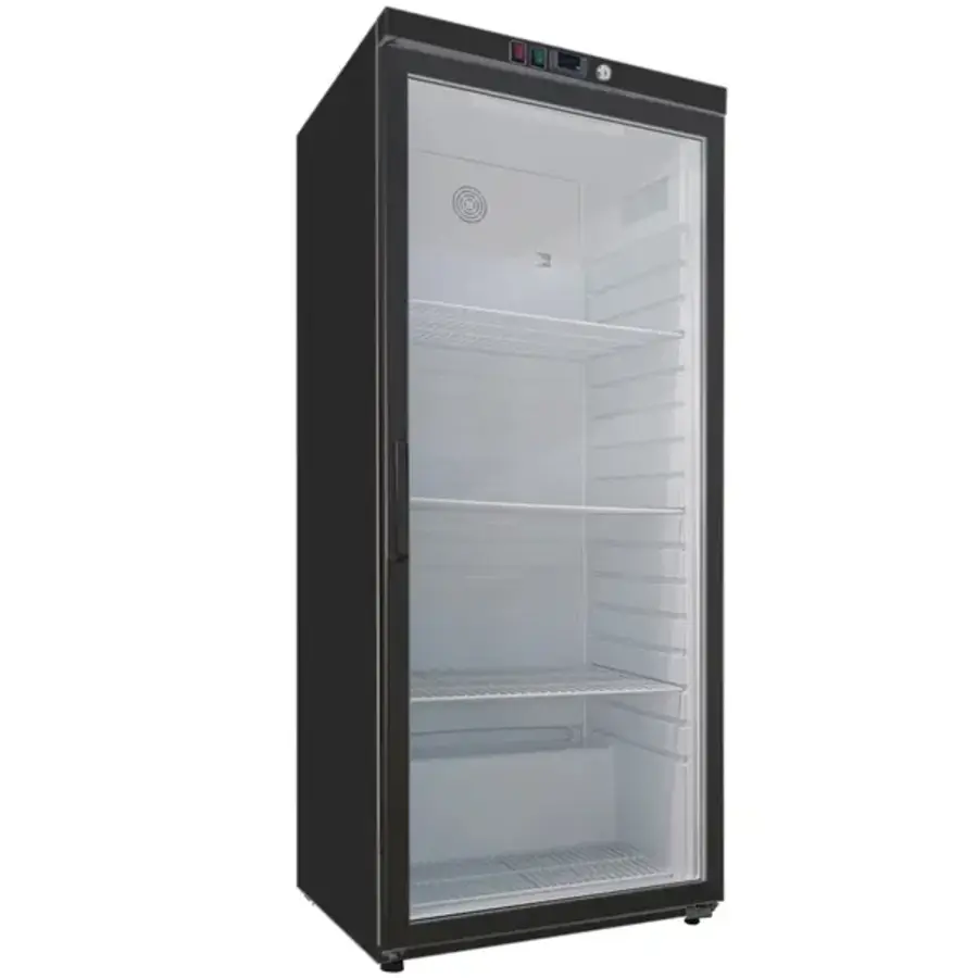 Schwarzer Kühlschrank, 600 Liter, mit Glastür und Umluftkühlung