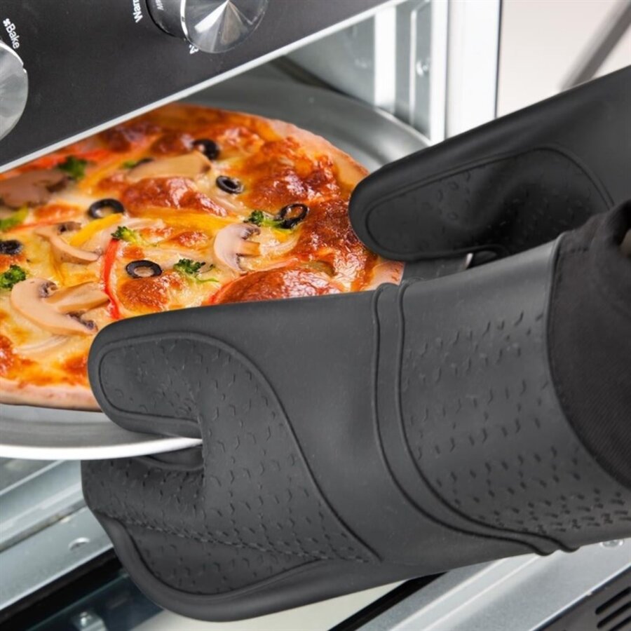 Gant de cuisine en silicone avec manchon de protection et poignée antidérapante