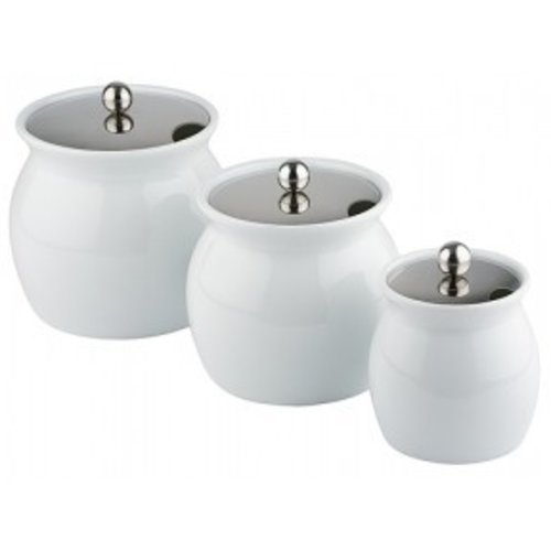  APS Pot à sauce en porcelaine blanche avec couvercle en acier inoxydable 13 x 13 cm 