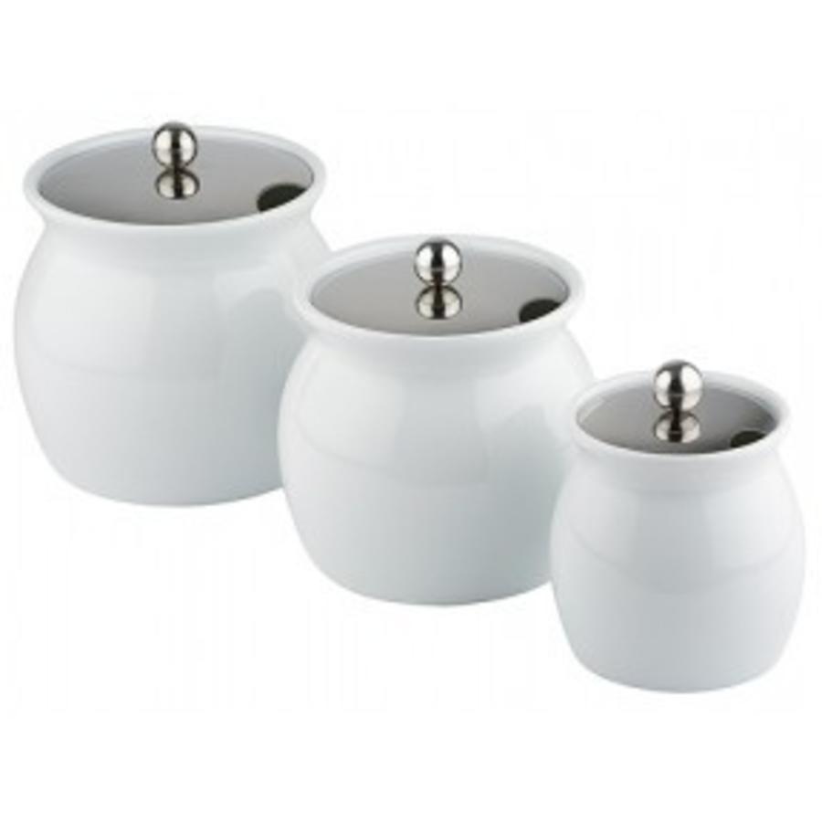 Pot à sauce en porcelaine blanche avec couvercle en acier inoxydable 13 x 13 cm