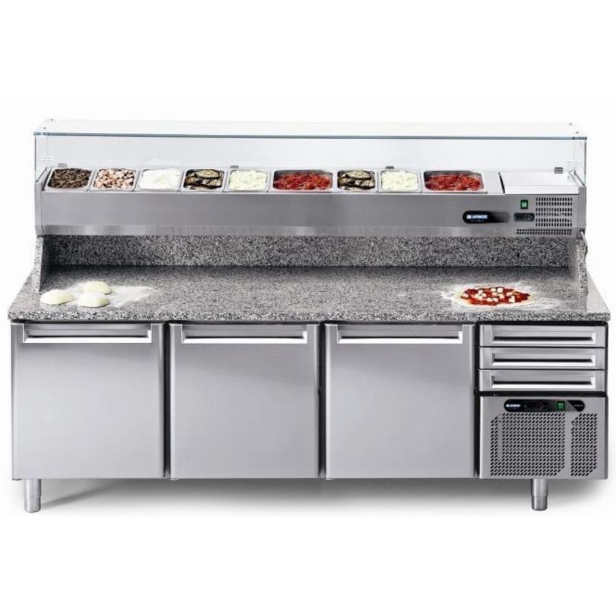 Pizza workbench stainless steel with 3 doors and 3 drawers 215x80x104 cm