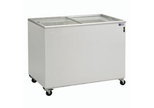  HorecaTraders Chest freezer with 2 sliding glass lids | 400 Liters | Includes Wheels | 230V 