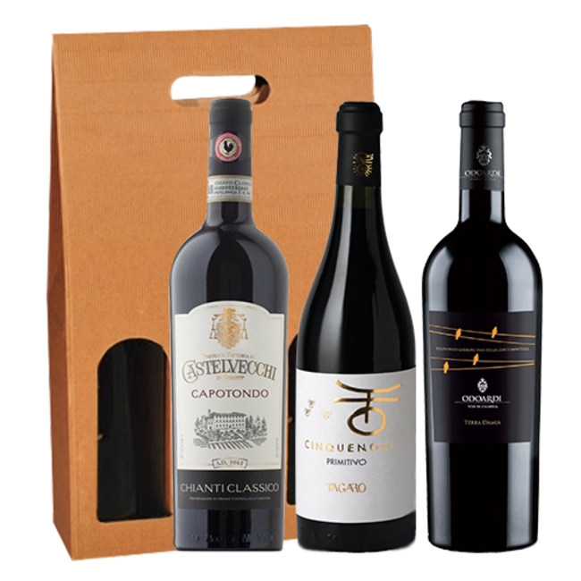 lof veiligheid Sterkte 3-fles wijngeschenk Chianti Classico Capotondo Castelvecchi & Cinquenoci  Primitivo Tagaro & Terra Damia Odoardi - Toscane/Puglia/Calabrië, Italië -  Vin Unique - bijzondere wijnen voor scherpe prijzen