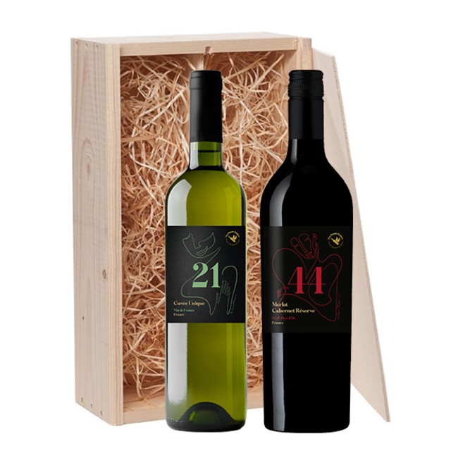 2-fles wijnkist The Finest Grapes Nr. 21 Cuvée Unique en Nr. 44 Merlot-Cabernet - Pays d'Oc, Frankrijk