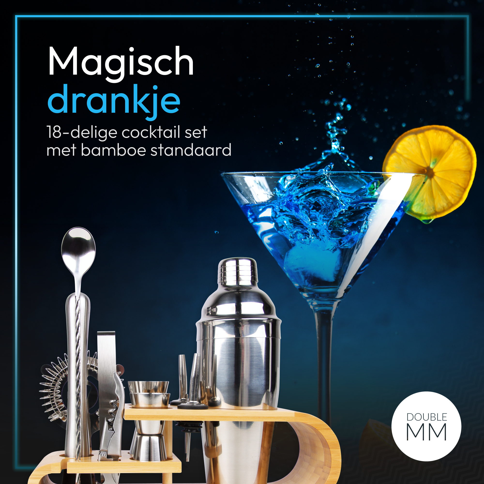 DOUBLE MMM Bartender Cocktailset - Rvs- 18delig. Met Coctail Recepten App