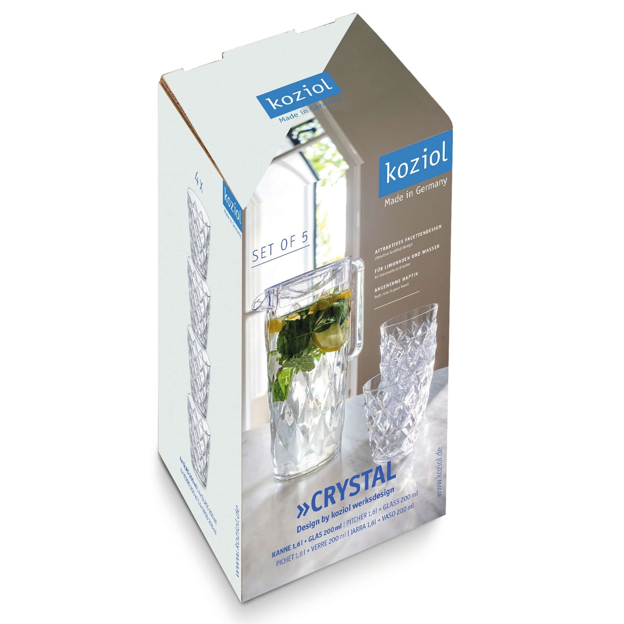 Koziol Crystal Karaf 1,6 liter met 4 Bekers van 250 ml