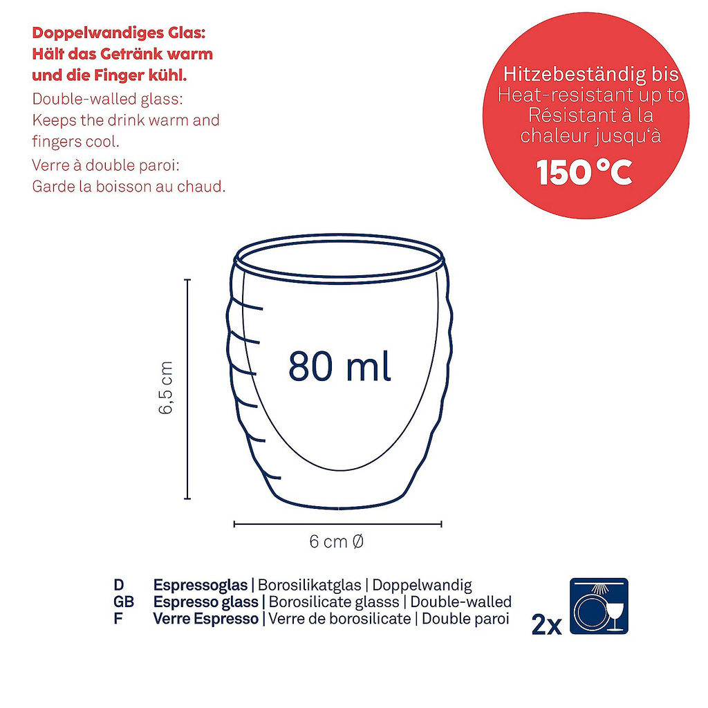 Kela Keuken Cesena Espresso Glas Dubbelwandig 80 ml Set van 2 Stuks